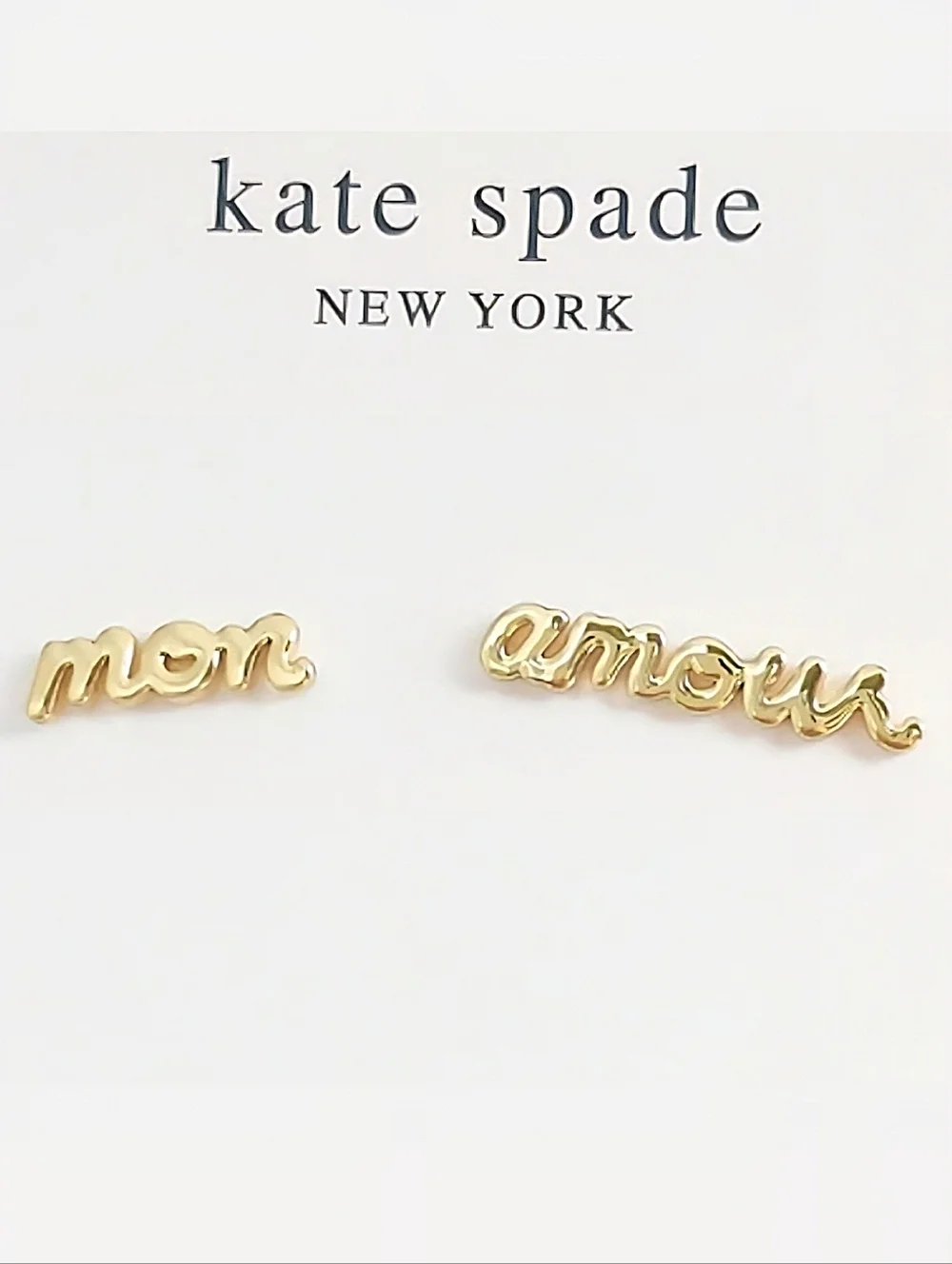 Kate Spade True Love “mon amour” Script Gold Stud Earrings with Dust Bag, NWT